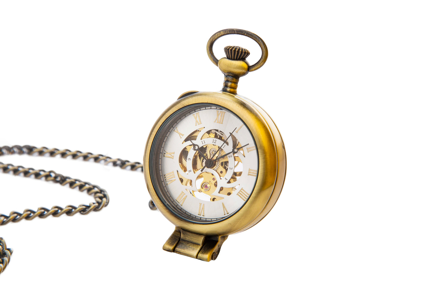 A bronze mechanical pocket watch with a glass that functions as a magnifying glass with a bold chain makes this pocket watch per