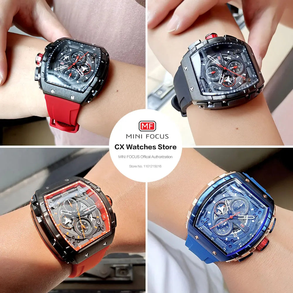 MINI FOCUS Chronograph Quartz Watch for Men Tonneau Dial Military Sport Wristwatch with Orange Silicone Strap Auto Date 0399