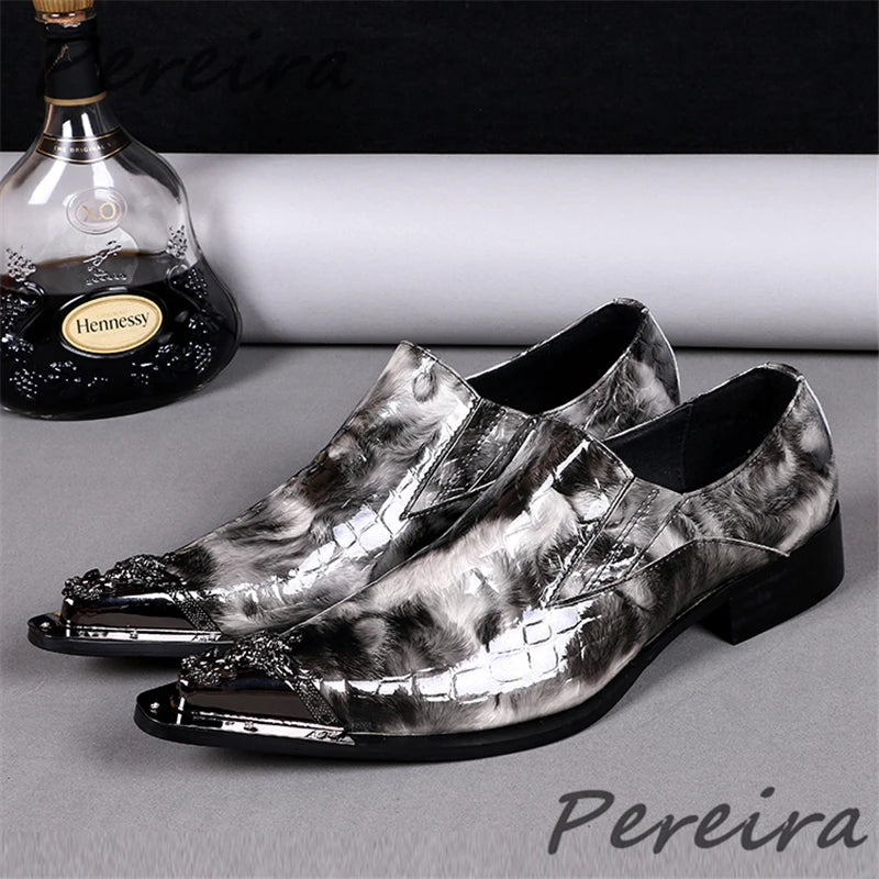 British Style Men Formal Shoes Metal Pointed Toe Patent Leather Low Heel Derby Shoes Fashion Party Banquet Business Dress Shoes