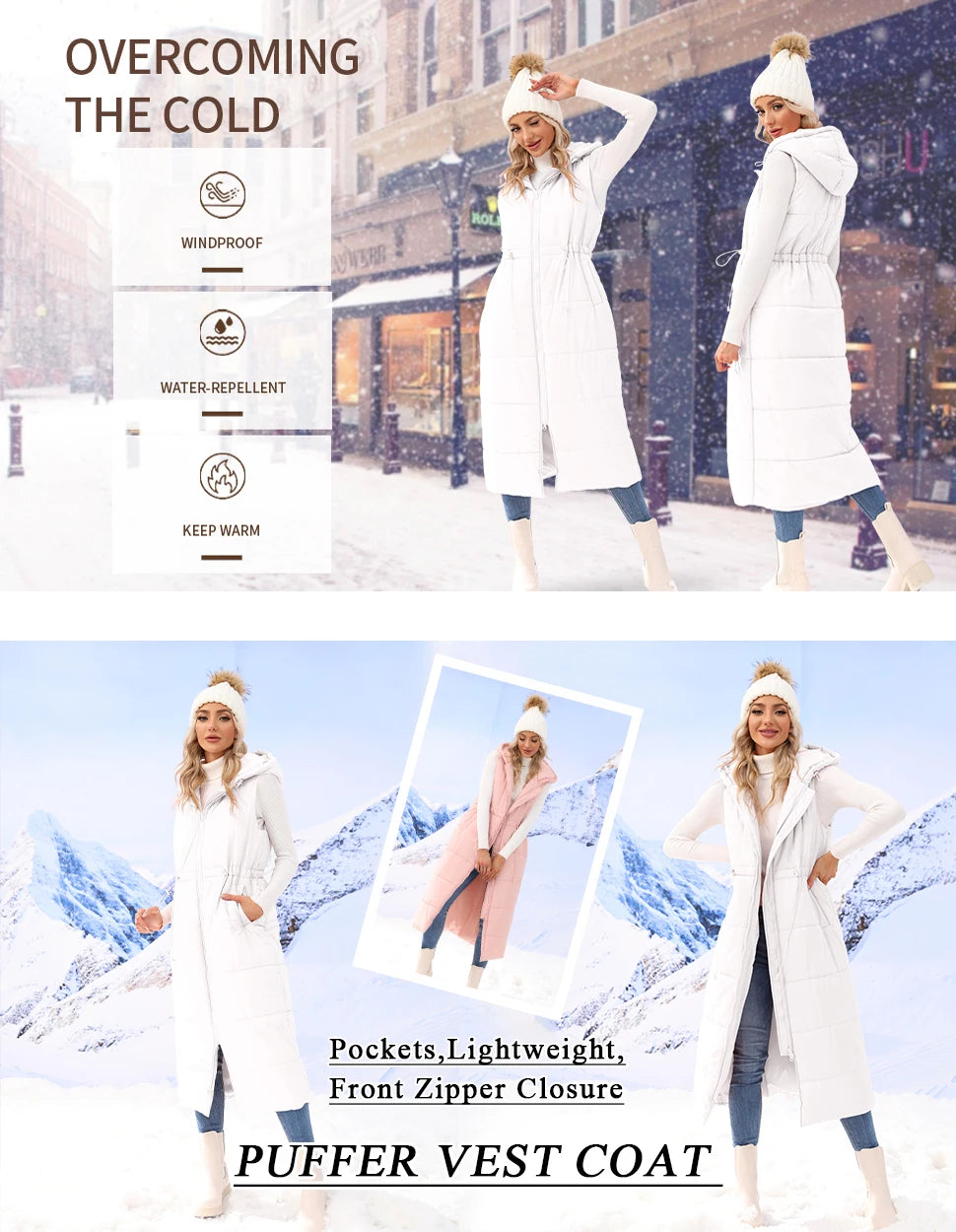 PinePear 2025 Fall Winter Fashion Women Super Long Quilted Vests Hooded Maxi Length Sleeveless Puffer Vest Padded Coat Outerwear