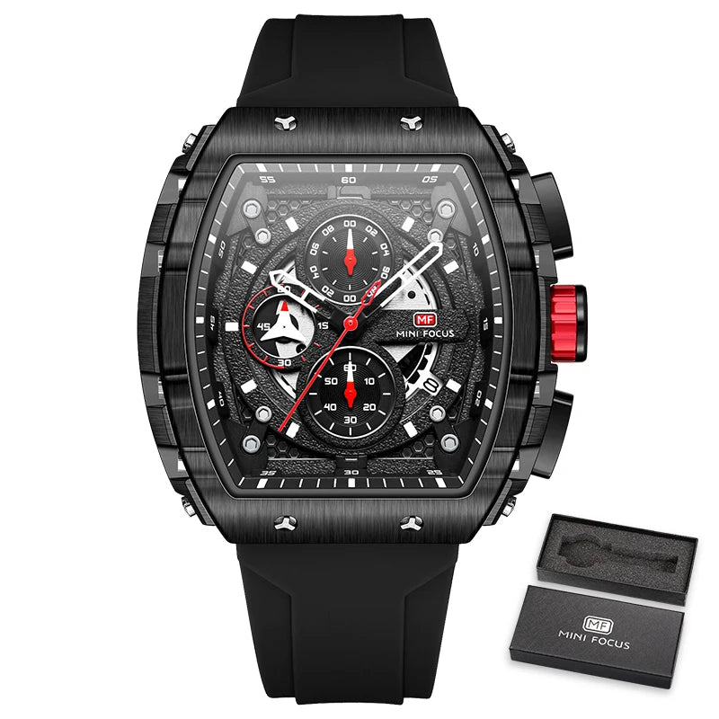 MINI FOCUS Chronograph Quartz Watch for Men Tonneau Dial Military Sport Wristwatch with Orange Silicone Strap Auto Date 0399
