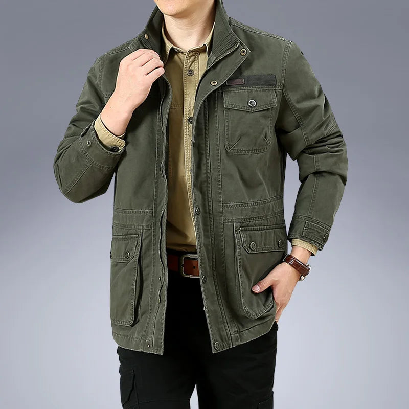 Spring Autumn Men's Military Cargo Jackets Casual 100% Cotton Multi-pocket Stand Collar Loose Mid-length Coats Male Big Size 6XL