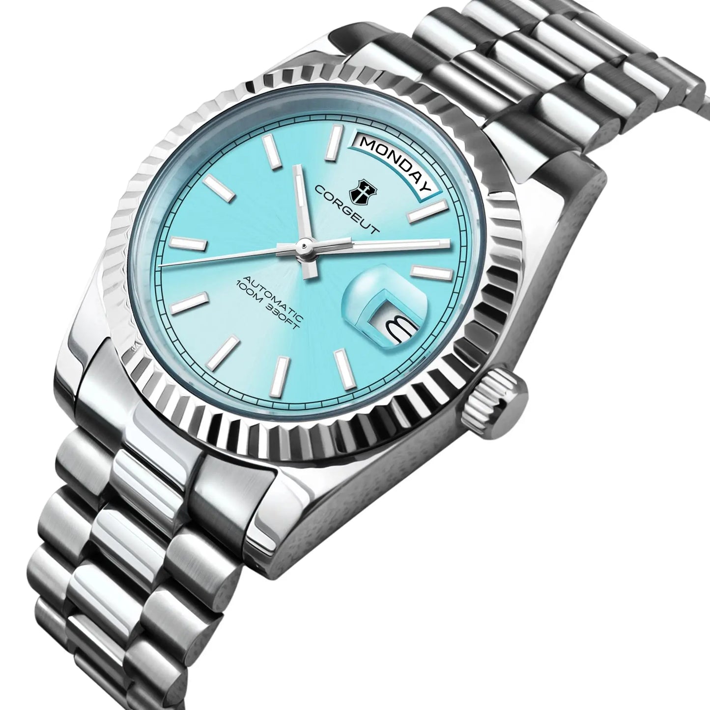 CORGEUT NH36 Mechanical Men's Watch Date of the Week Show President Chain Strap Steel Case Watch Threaded Arc Bezel waterp
