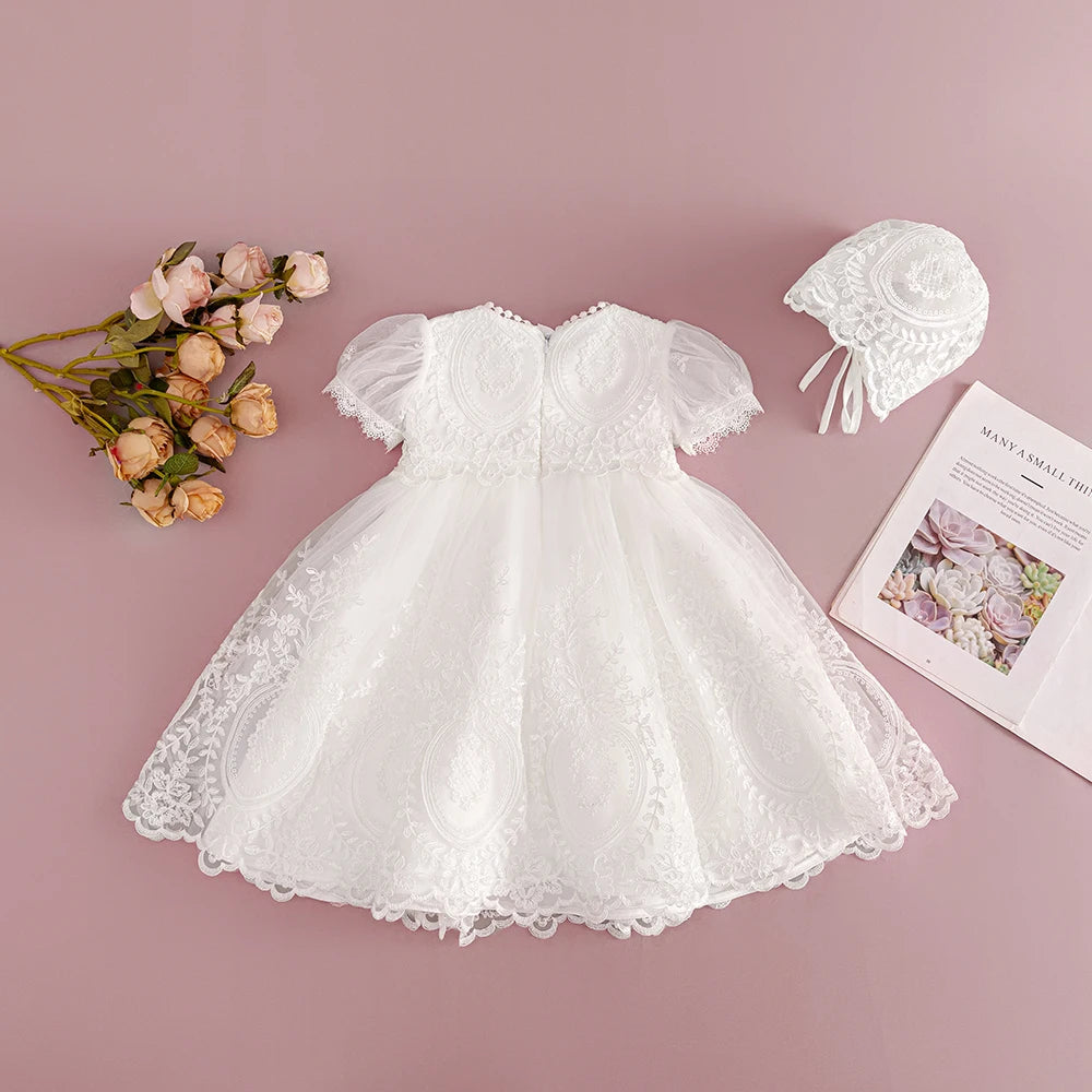 HETISO Baby Girls Elegant Embroidery Long White Christening Dress with Banner Toddler Birthday Party Gown 1 2 Years