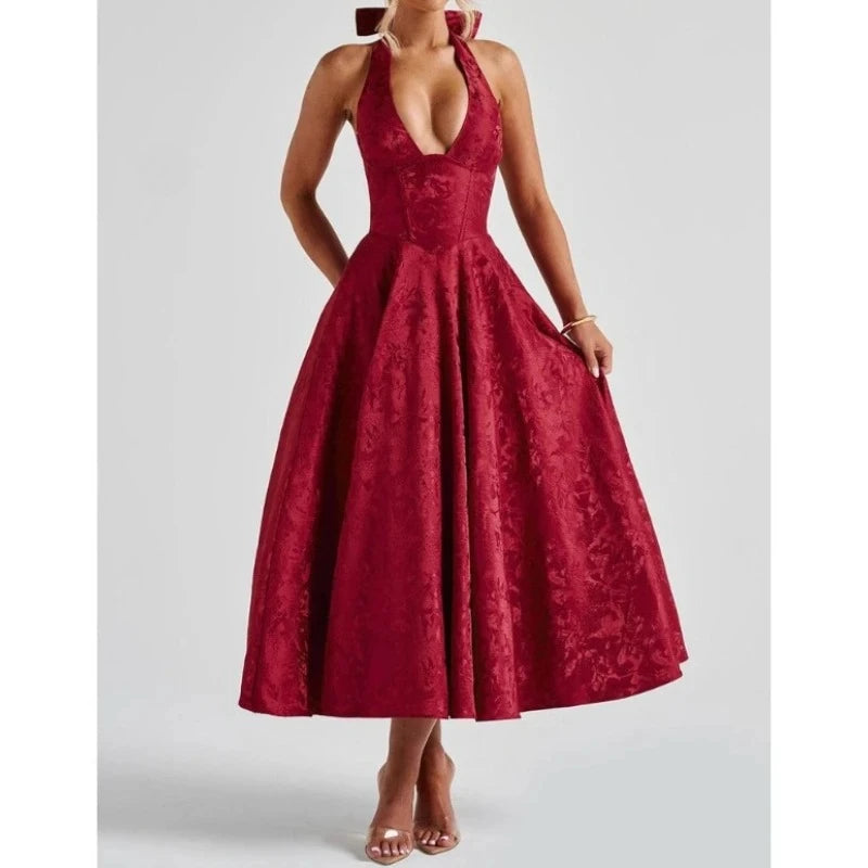 Deeptown Elegant Evening Party Dresses for Women Halter V-neck Pleated Long Dress Sexy Backless Prom Gown Summer Red Midi Dress