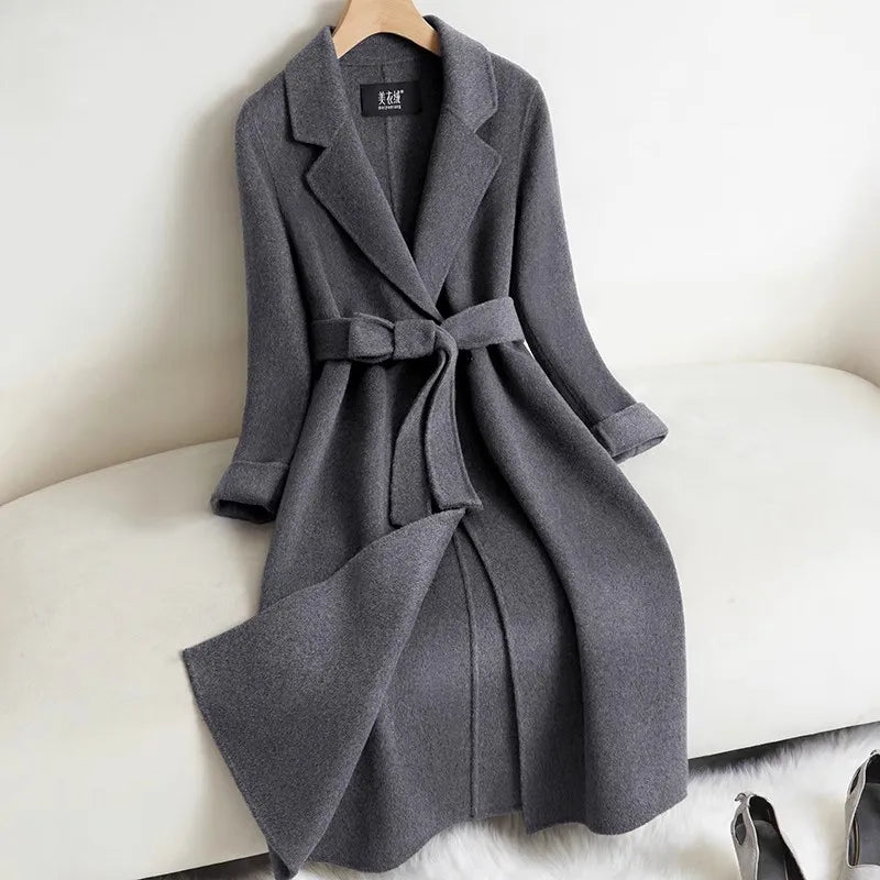 Black Double-sided Cashmere Jacket Women's Long Coat 2025 Autumn Winter New Temperament Wool Coats Female Belt Long Overcoat