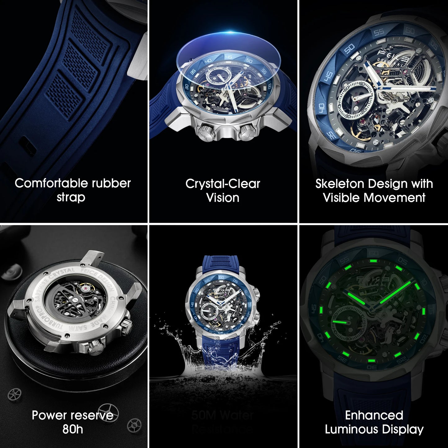 FEICE 2025 new double-sided skeleton trend men's automatic mechanical watch luminous waterproof-FM511