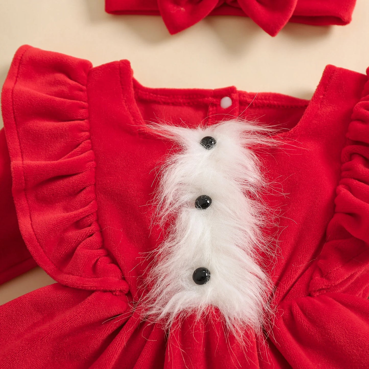 Infant Baby Girls Romper Dress Terry Trim Ruffled Long Sleeve A-Line Dress with Bow Headband Adorable Christmas Clothes Outfits