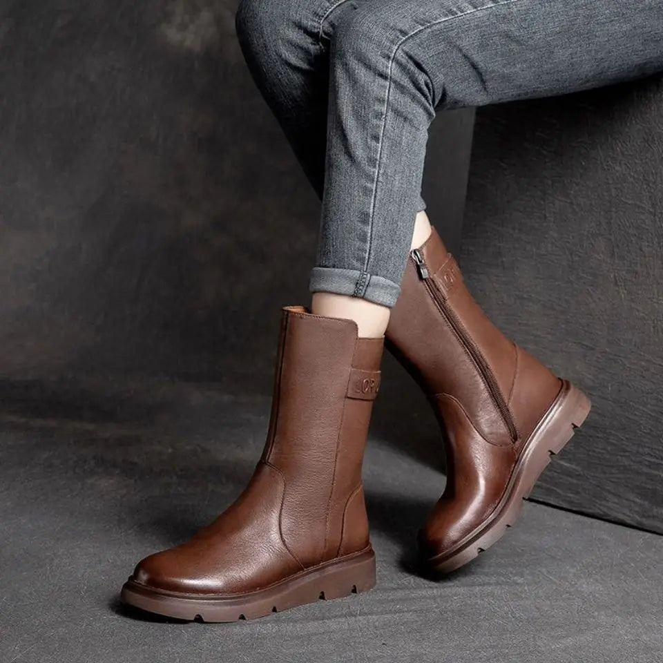 Footwear Mid Calf Women's Boots Wedge Heel Biker Shoes For Woman Half High Leather Brown Fashion 2024 On Offer Korean Style Y2k