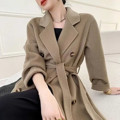 High Quality Double Sided 100%Wool Coat Women Long Double Breasted Elegant Loose Cashmere Winter Jacket