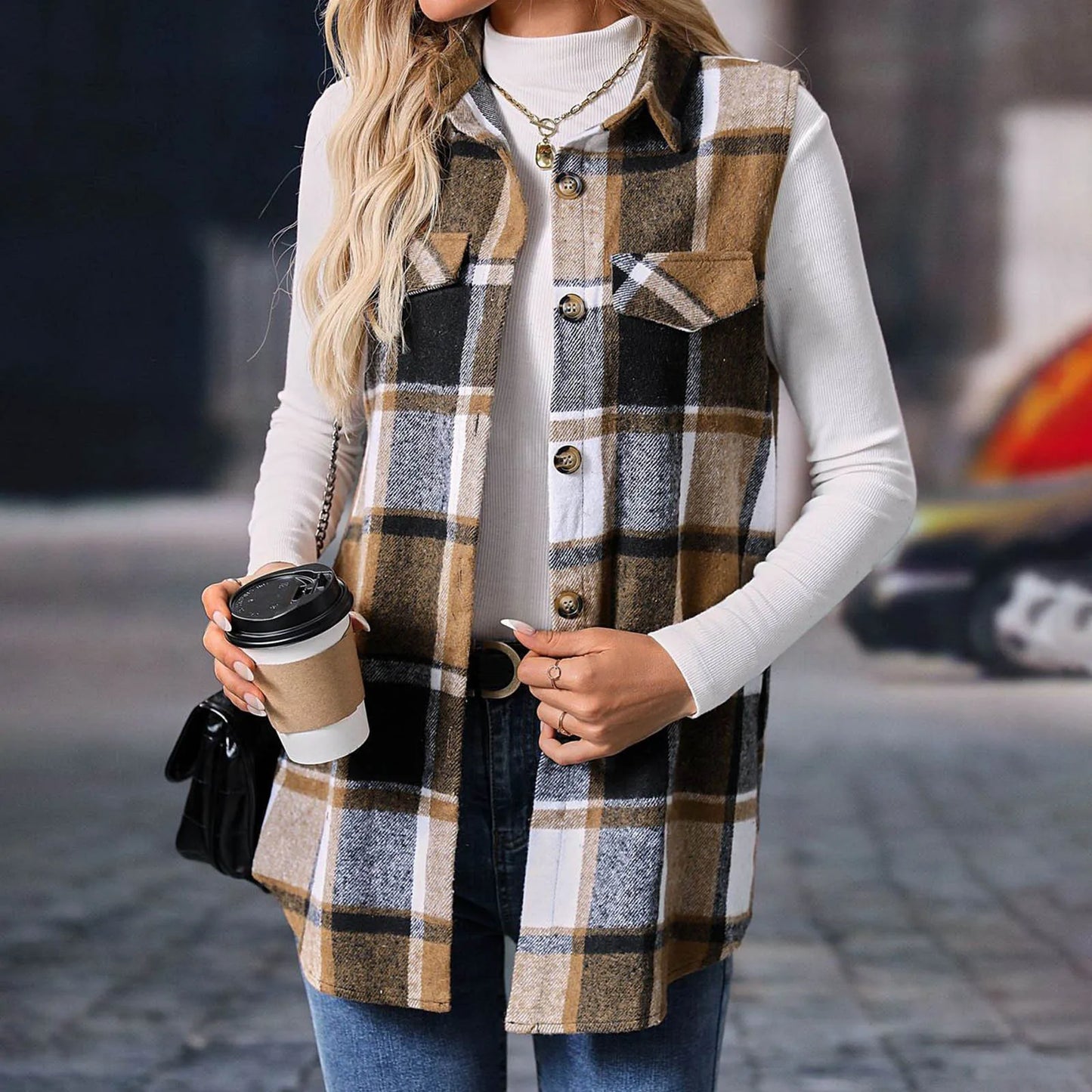 Women Fashion Plaid Sleeveless Vest For 2024 Autumn And Winter Pocket Decoration Loose Button Long Vests Jackets For Woman