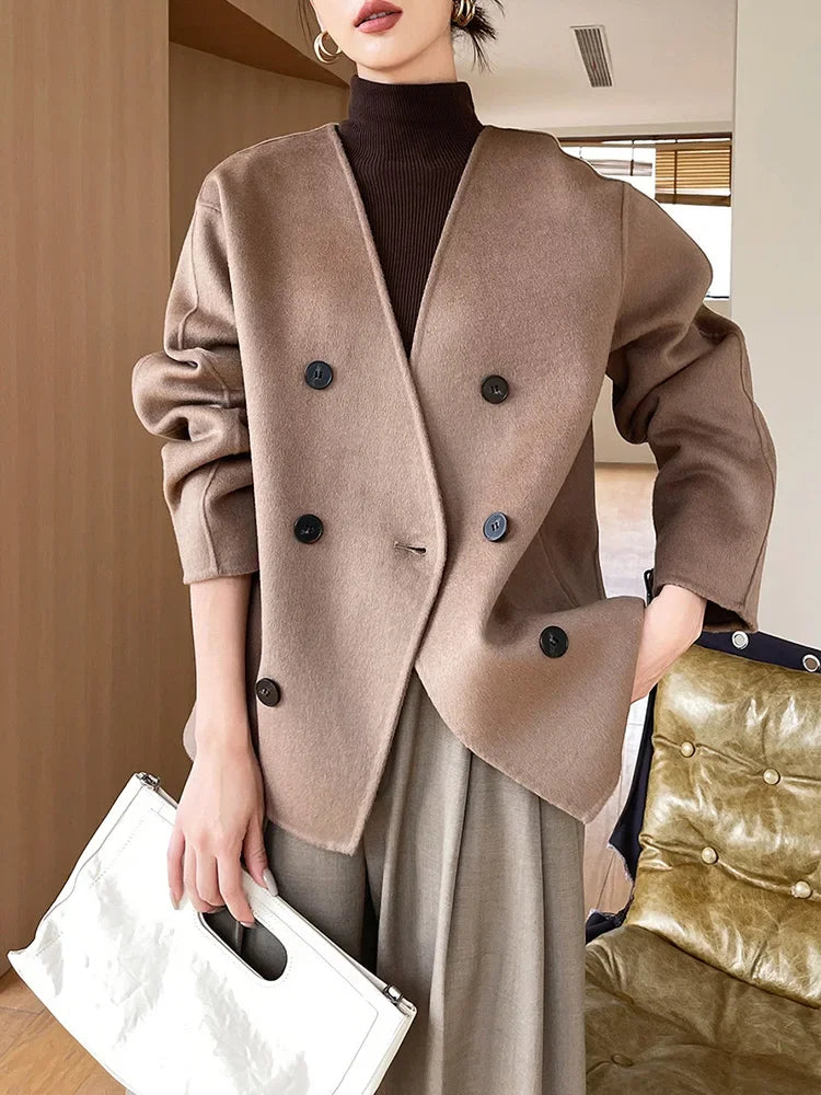 Women 100 Wool Tops Coat Fashion V-neck Short Coats Woolen Jacket Hand Sewing Autumn Winter Wool Blazer Double-Breasted #22