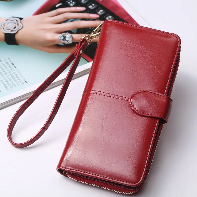 Hot selling women wallet korean American style oil wax wallets zipper note clip women card package mobile phone women clutch
