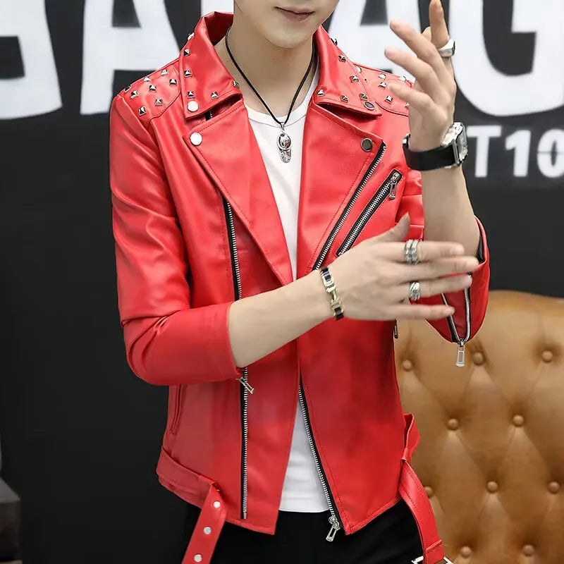 2024 Autumn Men's Leather Jacket, Suit Collar Coat Slim Men's Short Motorcycle clothing