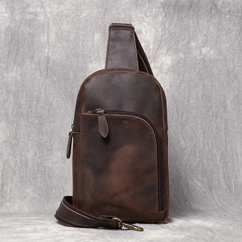 Handmade Genuine Leather Chest Bag Sports Phone Bag Men's Retro Large Capacity Crossbody 7.9 inch Mini ipad Men's Bag Leathfocus