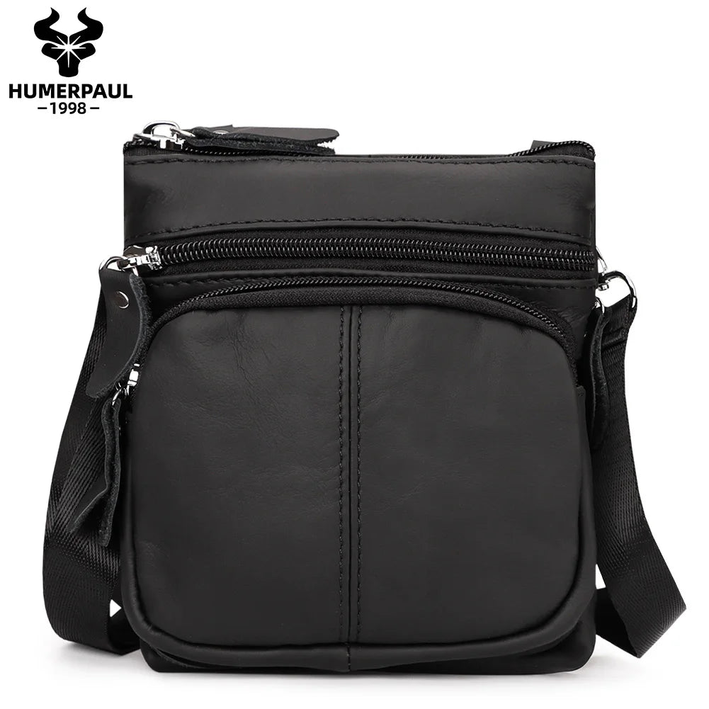 HUMERPAUL 2024 New Genuine Leather Mens Shoulder Bag Small Vintage Shoulder Bags Mini High Quality Male Crossbody Bag for Travel
