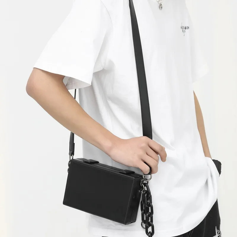 Man Small Box Shape Shoulder Crossbody Bags Pu Leather Designer Handbag Purse 2022 New Fashion Woman Chain Mini Messenger Bag