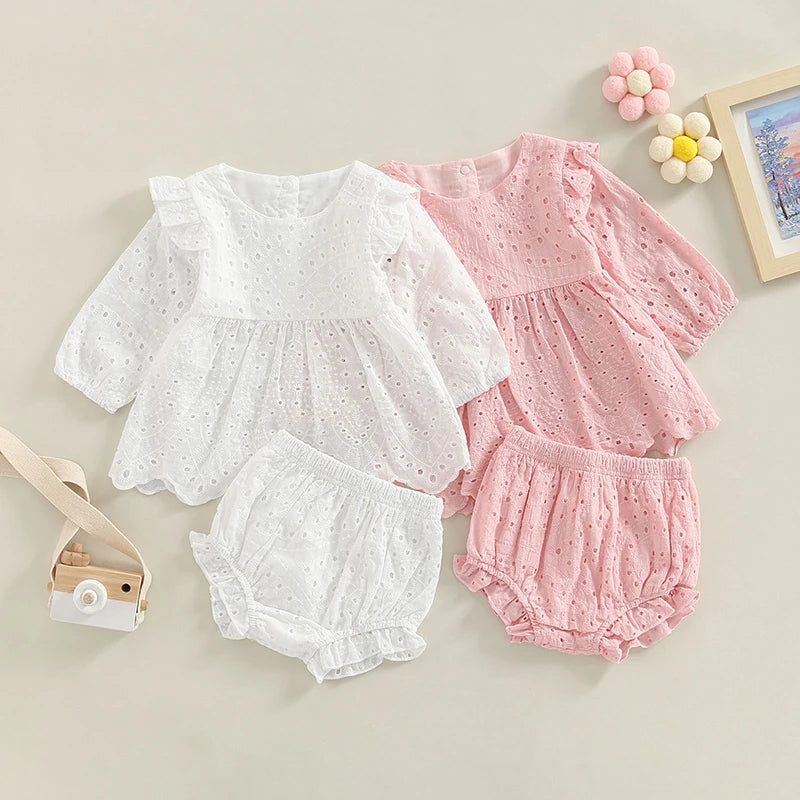 FOCUSNORM 2 Colors Princess Baby Girls Autumn Clothes Sets 0-24M Flowers Hollow Out Ruffles Long Sleeve Dress Tops+Shorts