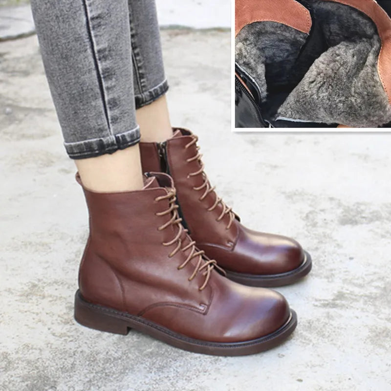 Careaymade-Genuine Leather women's boots,retro literature art big head wide edition medium short wool boots warm Casual boots