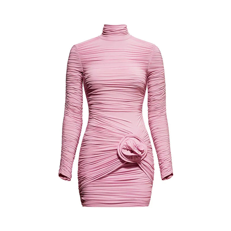Half High Neck Pleated Dress 3D Flowers Slim Fit Waist Cinching Long Sleeved Sexy Pink Wrap Hip Short Dresses Women's Clothing