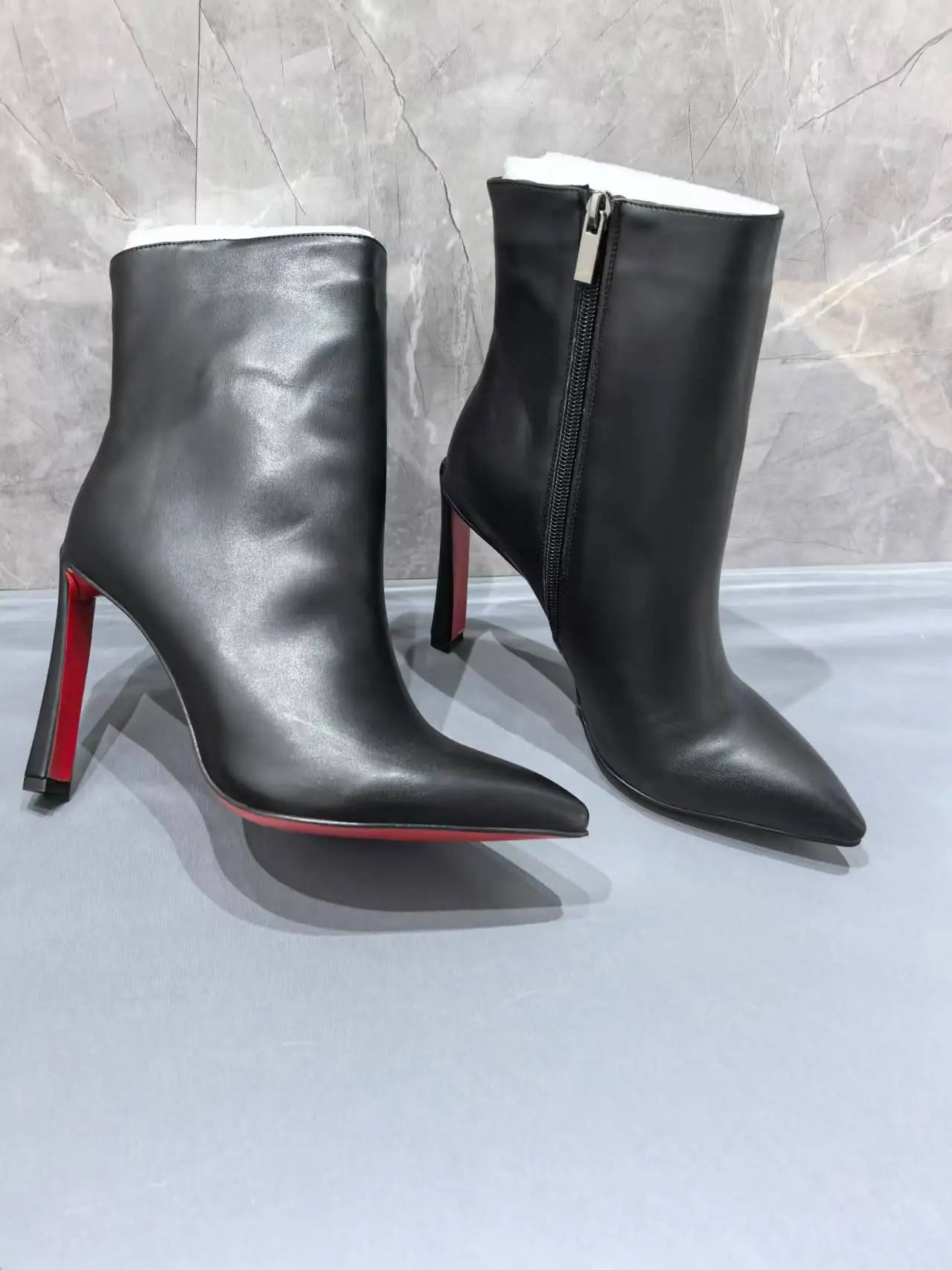 Pointed Toe Black Leather Botas De Mujer Red Sole Mid-Calf Boots For Women Back Zipper Office Lady Career Shoes Female High Heel