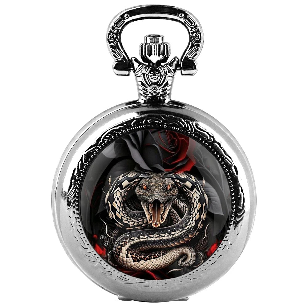 Furious Snake Inspired Design Black Quartz Pocket Watch with Durable Chain Arabic Numeral Time Display for Men and Women Gifts