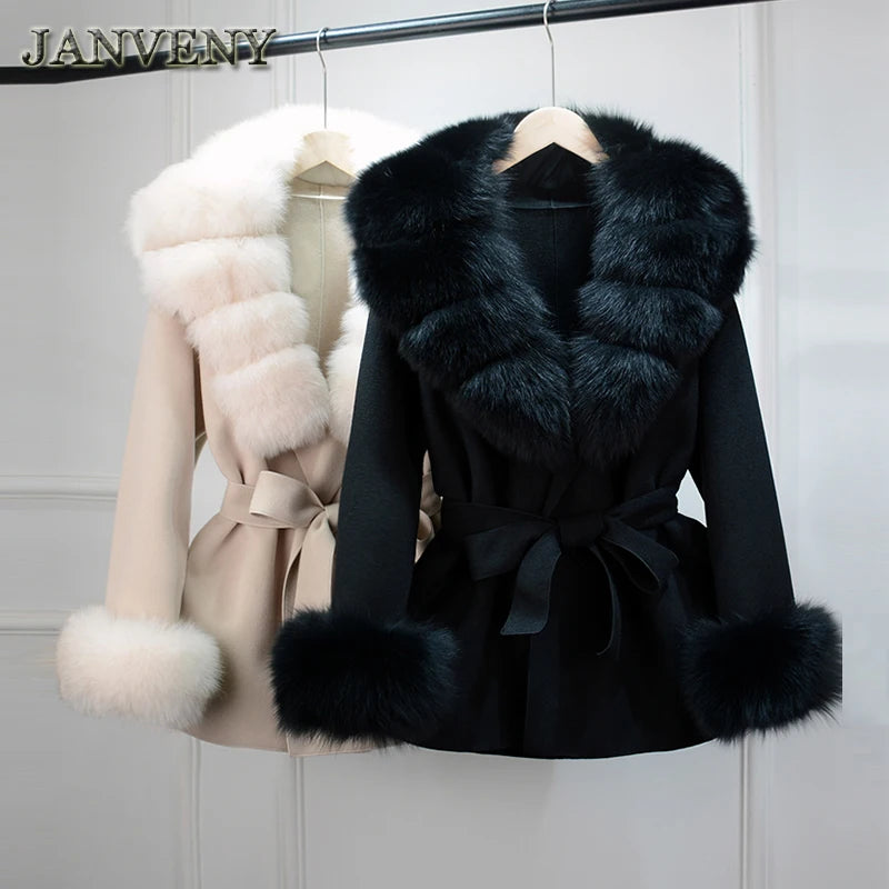 2025 Fashion Winter Real Fox Fur Collar Cuff Cashmere Wool Coat Women Suit Collar Warm Loose Mid Length Belted Wool Coat Blends