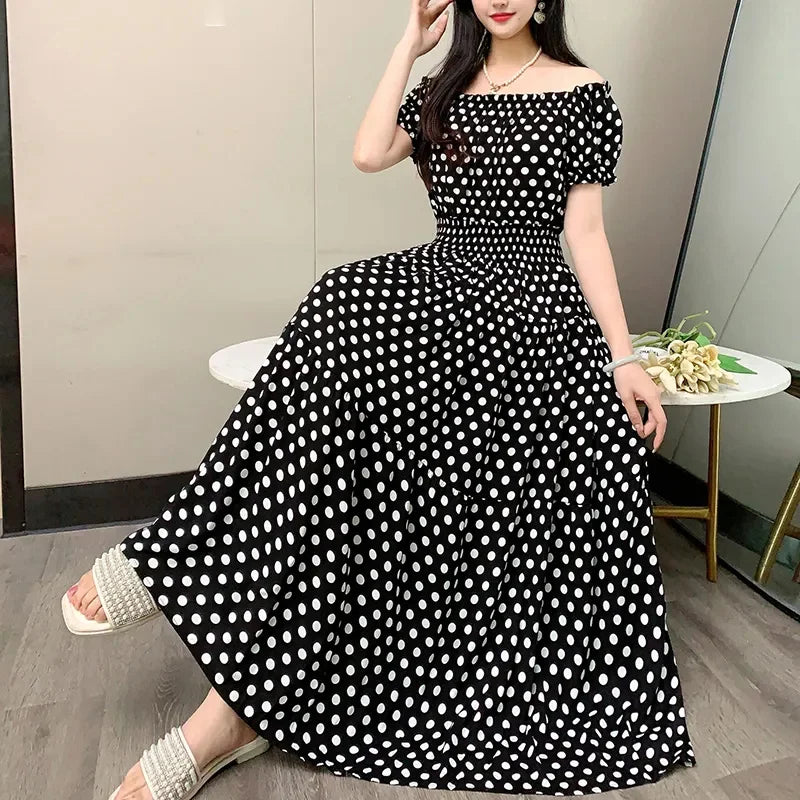 Cotton Silk floral Short sleeved Dress Beach vacation Big swing Dress New Summer 2025 Printed One neck Long Dresses