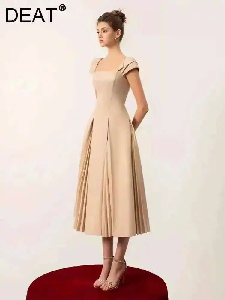 DEAT Elegant Dress Square Collar Backless High Waist Pleated Patchwork Women's Evening Dresses 2025 Autumn New Fashion 35Z405