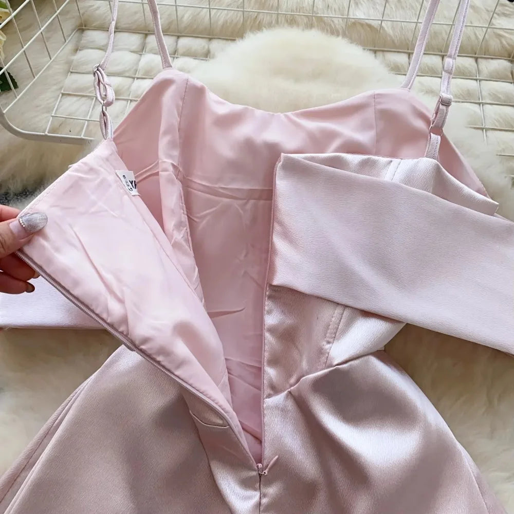 Elegant Sleeveless Vintage Butterfly Bow Sexy Off Shoulder Satin Slim A-line Straps Dresses Birthday Party High Street Clothing