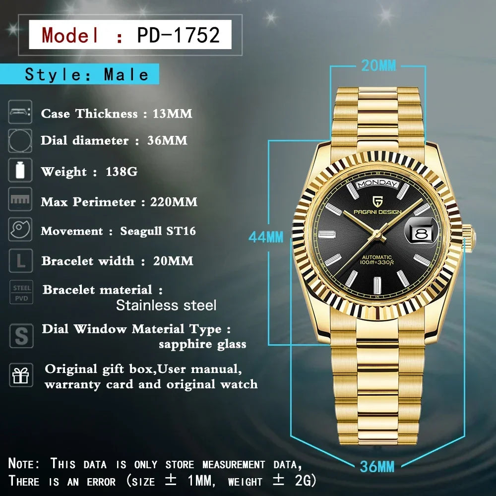 PAGANI DESIGN DD36 Mens watches Top Luxury Mechanical Automatic Watch for Men ST16 Sapphire Gold wristwatch Steel Waterproof