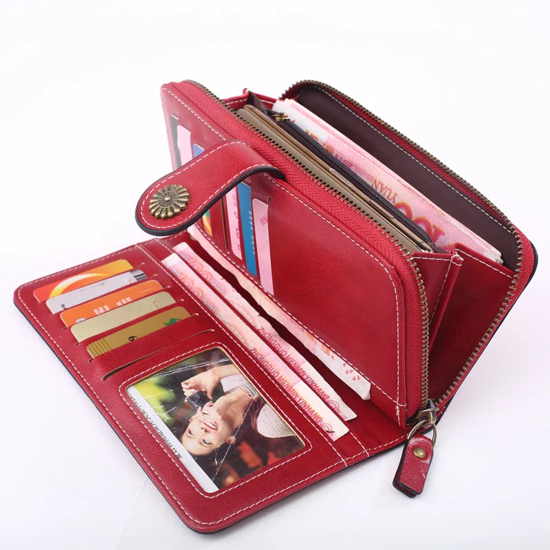 Fashionable new hollow out coin purse for women's oily leather phone bag, long zipper handbag,coin bag Triple fold ladies wallet