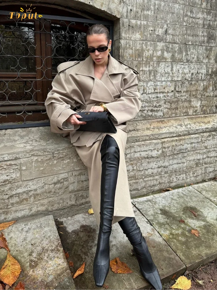 Elegant Solid Lace Up Overcoat Women Chic Full Sleeve Lapel Collar Button Loose Coat Autumn Female Street New Oversize Outerwear
