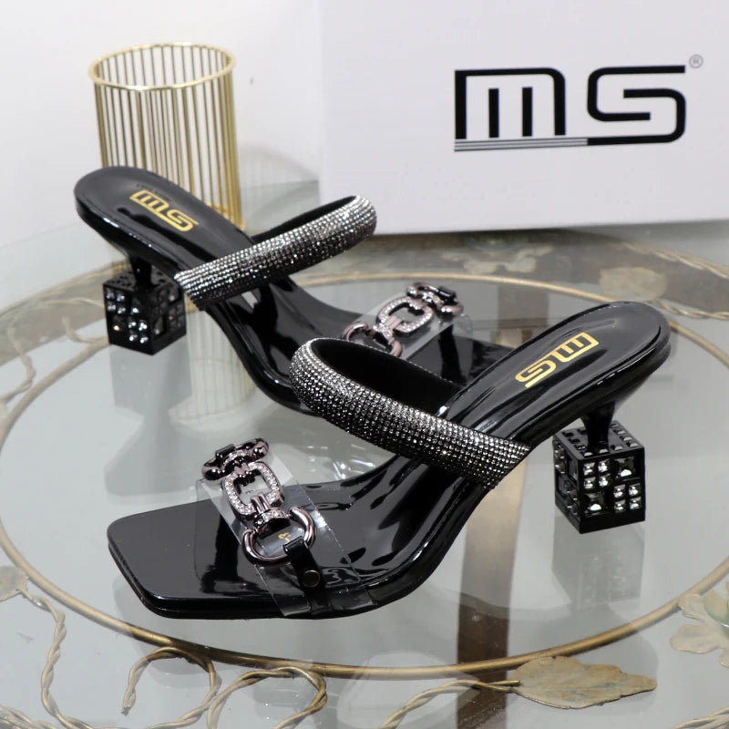 Women's slippers 2025 summer fashion Transparent belt metal decoration box shaped square Alien heel high heels wearing sandals