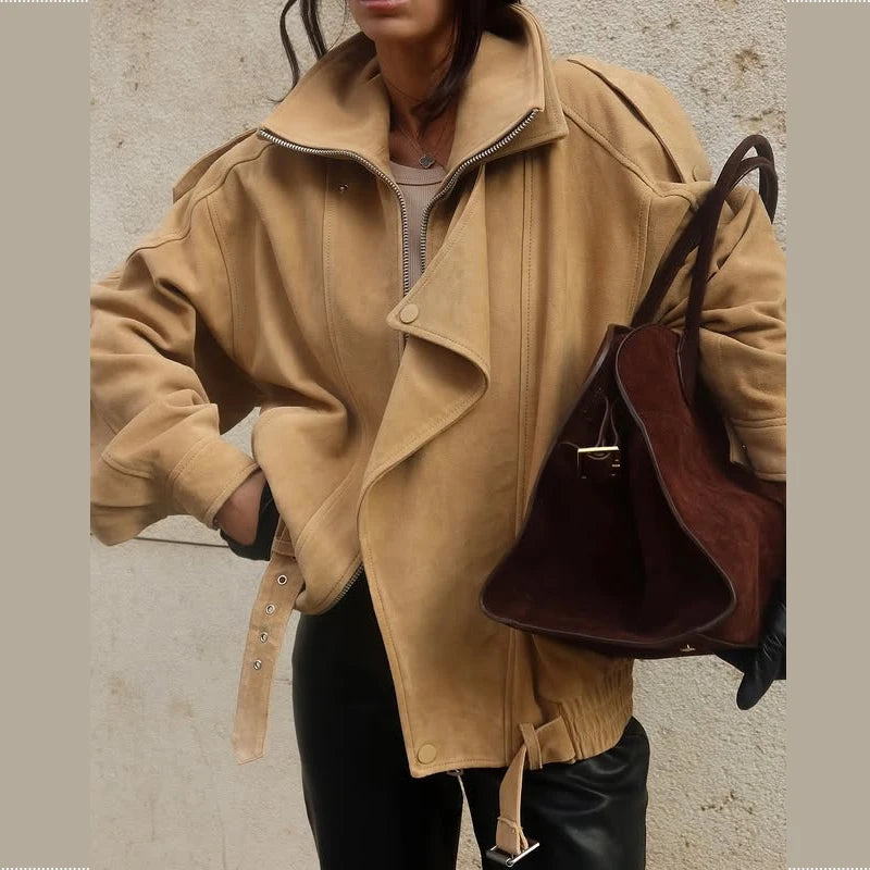 Vintage Women's Belt Short Suede Jackets Loose Lapel Zipper Full Sleeve Zipper Coat Female 2025 Autumn Lady Commute Outwear