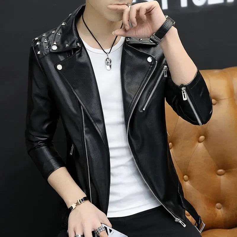 2024 Autumn Men's Leather Jacket, Suit Collar Coat Slim Men's Short Motorcycle clothing