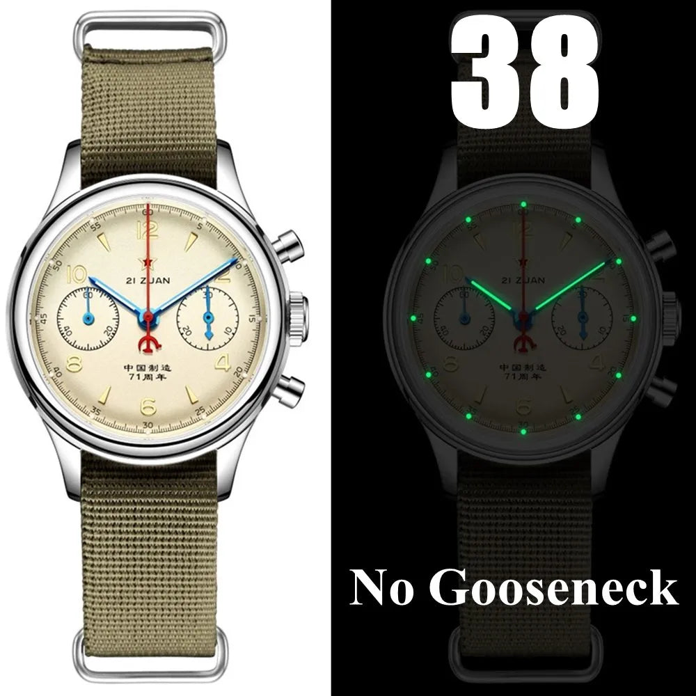 Red Star 1963 Chronograph 38mm Men's Mechanical Pilot with Seagull ST1901 Movement Watch Air Force Aviation 40mm Stop WristWatch