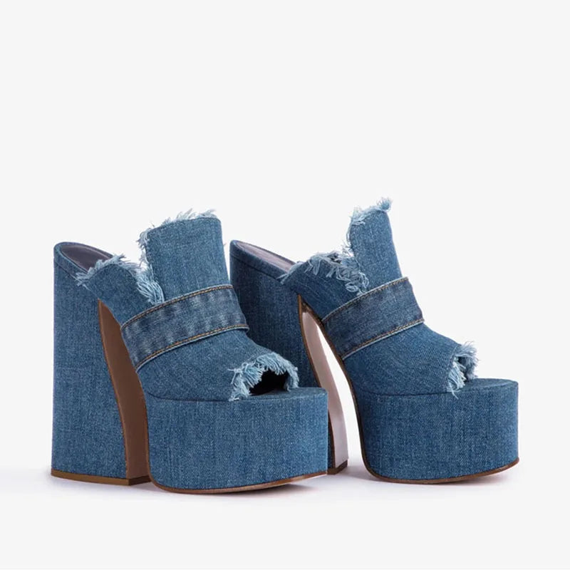 Arden Furtado 2024 Summer Denim Peep toe Square heel Mules Round toe Platform Super high heel Word slippers Large size