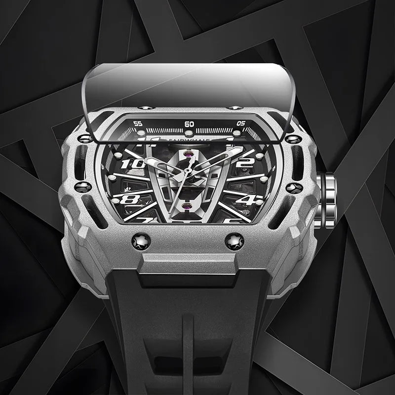 2025 Fashion Skeleton Automatic Watch Men Sports Silicone Strap Tonneau Red Wristwatch Man Luxury Mechanical Clocks Reloj Hombre
