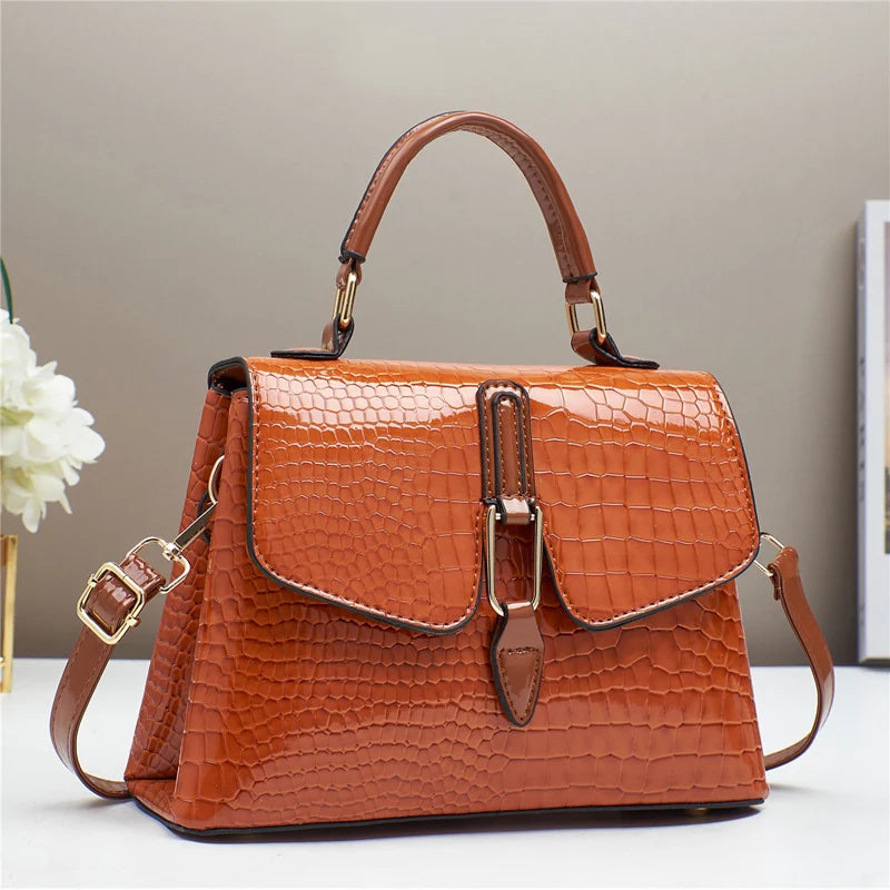 TRAVEASY Brand 2025 New Women's Tote Crossbody Shoulder Bag Crocodile-Embossed Glossy Flap Spacious Capacity Fashionable Handbag