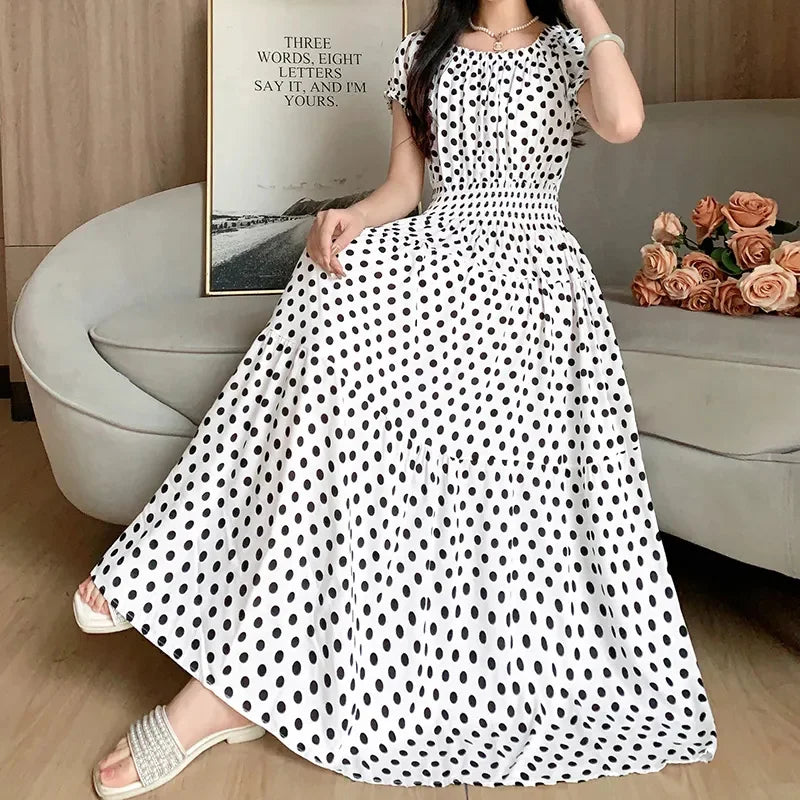 Cotton Silk floral Short sleeved Dress Beach vacation Big swing Dress New Summer 2025 Printed One neck Long Dresses