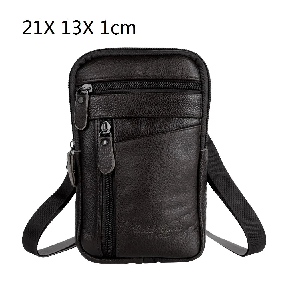 Men's Leather Small Messenger Bag Multi-Pockets Business Satchels Genuine Leather Crossbody Bags Fanny Belt Packs Phone Pouch