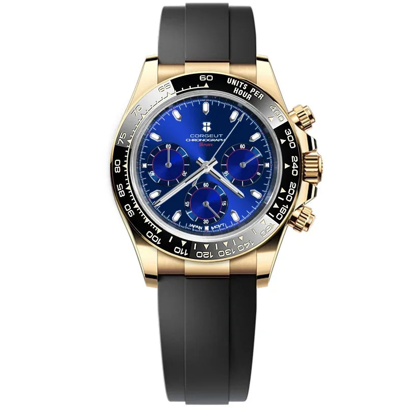 CORGEUT VK63 High Luxury Quartz Movement Silica Gel Sports Men's Watches Sapphire Flat Mirror Watch for Man Run Seconds