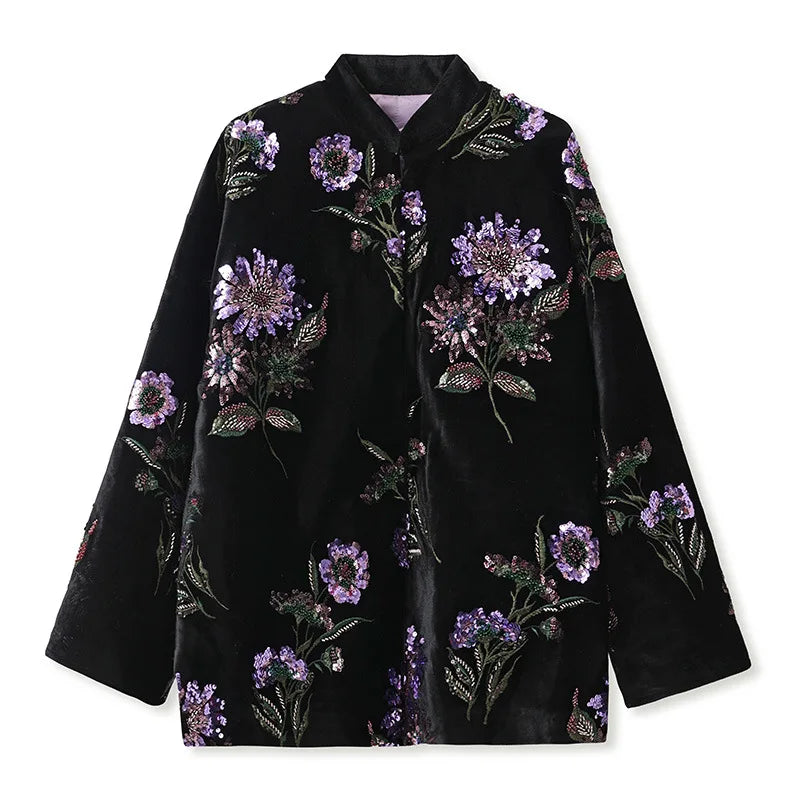 Chinese Embroidery Jacket Women Beautiful Loose Sequins Temperament Jacquard Jacquard Flower Cotton-padded Coat Spring Autumn