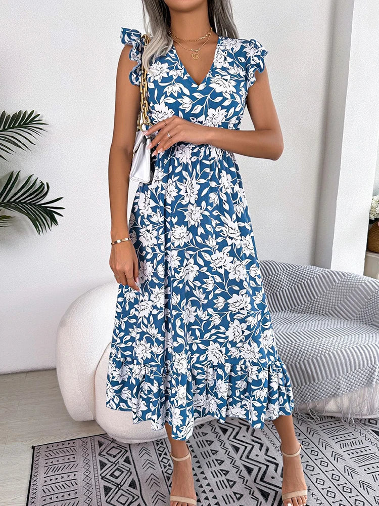Summer Floral Midi Dresses For Women Casual Sleeveless Ruffle Holiday Beach Dress Fashion White V Neck New In Dresses 2023