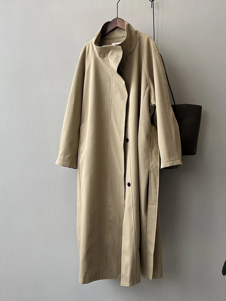 FANAN Office Lady Belt Gathered Waist Trench Women's Stand Neck Single Breasted Fashion Windbreaker Female Coats 2025 Spring New