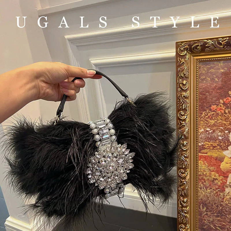 Luxury Ostrich Feather Handbags Diamond Bag Pearl Evening Bags For Women Shoulder Crossbody Bag Party Purse Wedding Clutch