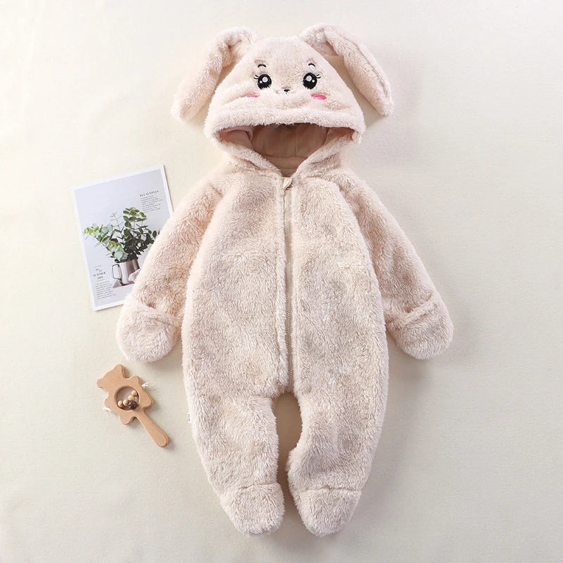 Cute Cartoon Baby Clothing Boys Footies Long Sleeve Velvet Hooded Baby Girl Clothes Winter Warm Baby Romper 0-12 Months