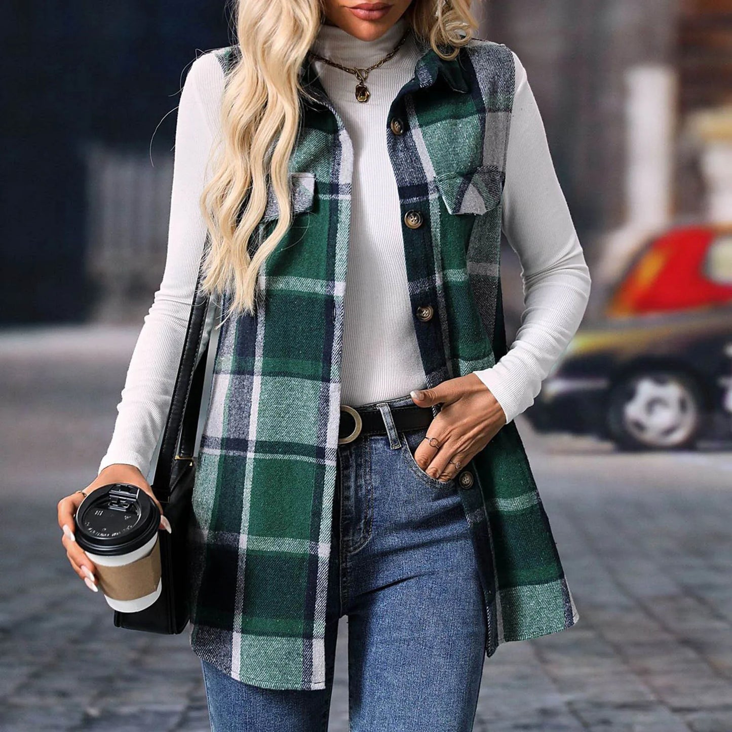 Women Fashion Plaid Sleeveless Vest For 2024 Autumn And Winter Pocket Decoration Loose Button Long Vests Jackets For Woman