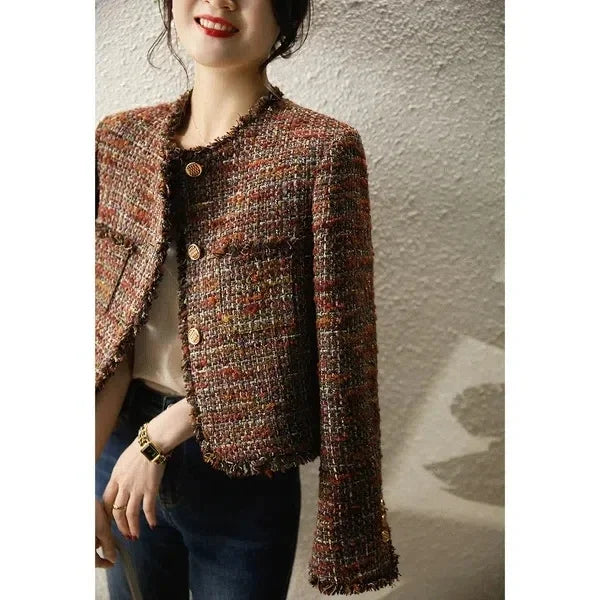 CJFHJE O-neck Tweed Fragrant Lady Coats Autumn Winter New Elegant Lady Outerwear Tops Tassel Single Breasted Women Woolen Jacket